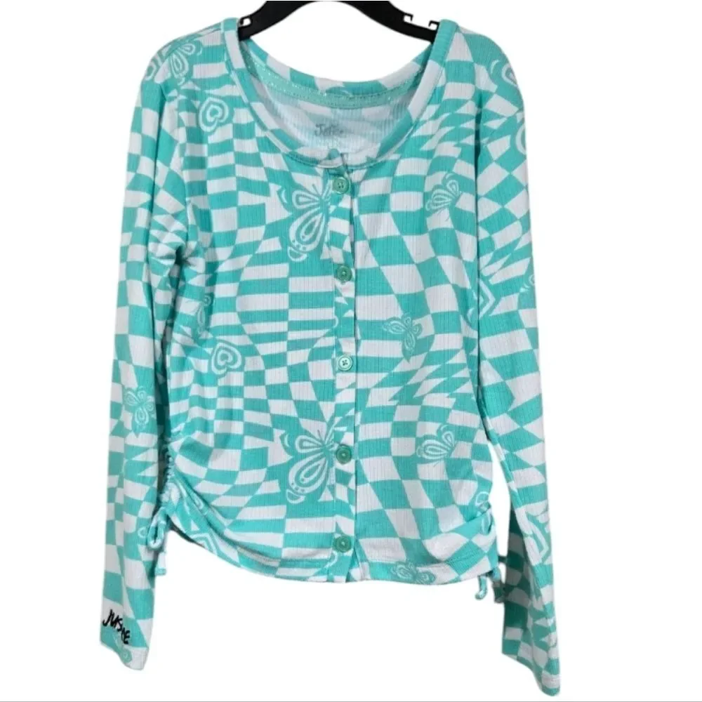 Justice Girls 7/8 Butterfly Checkered Ruched Top Seafoam Y2K Ribbed Button Front